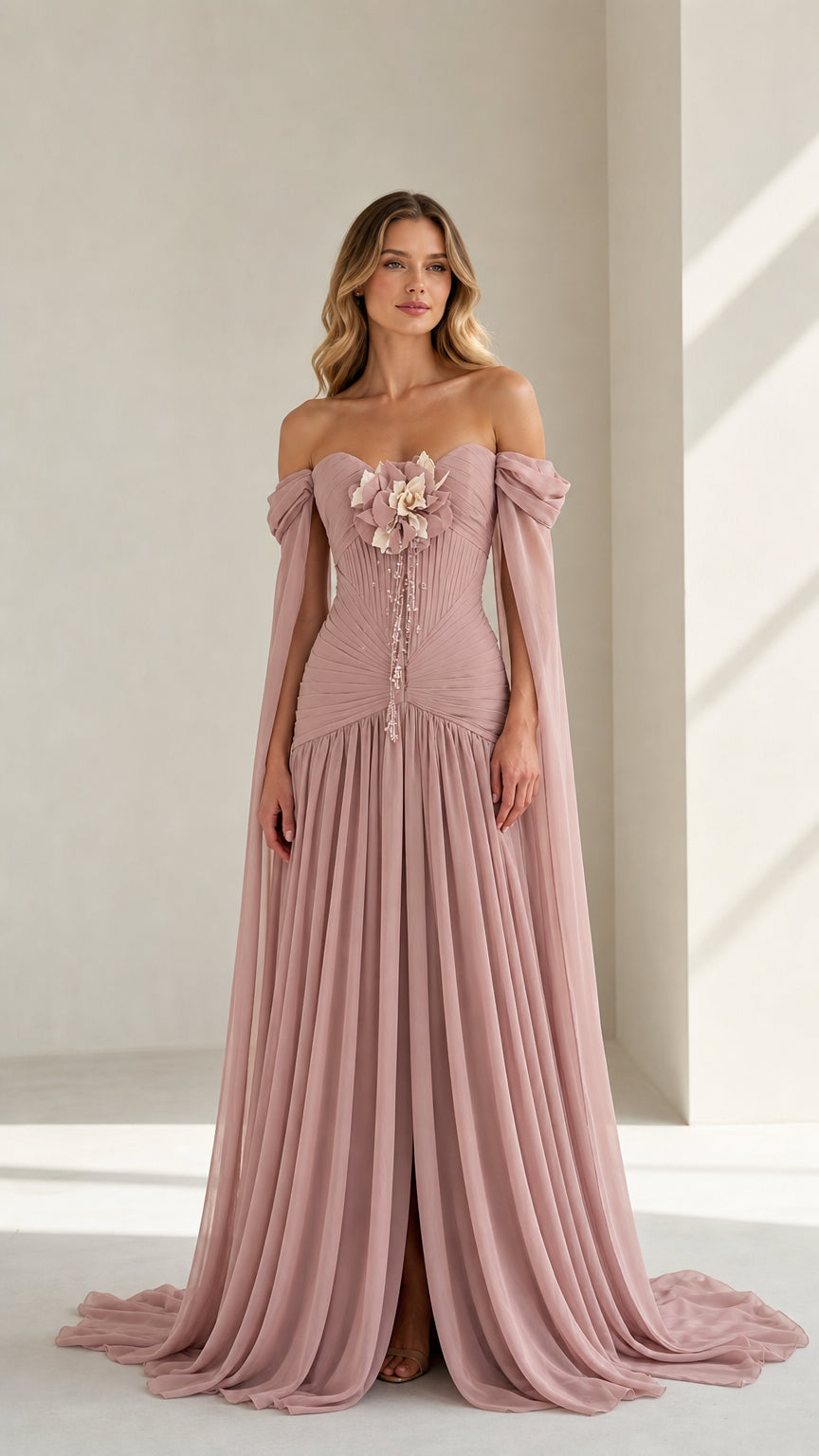Front view of dusty pink off-shoulder pleated evening dress