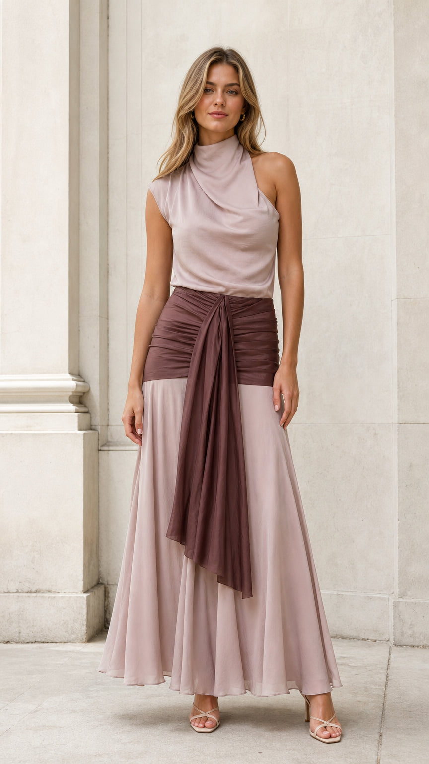 Elegance Drape Two-Tone Maxi Dress front view in mauve