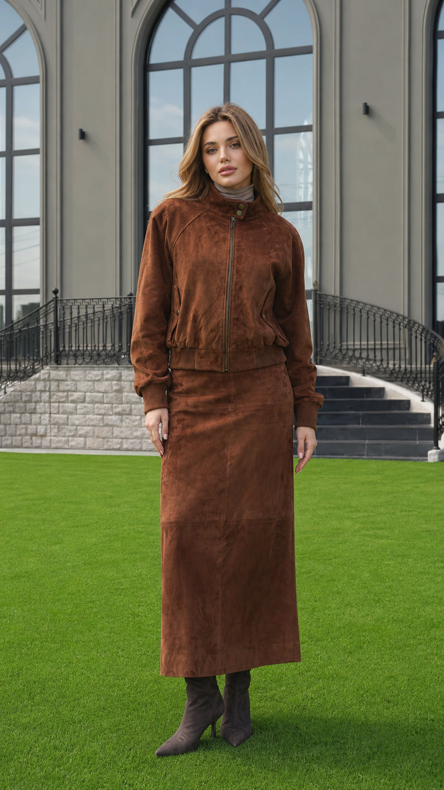 Front full view of woman wearing Cognac Brown faux suede bomber jacket and maxi skirt set