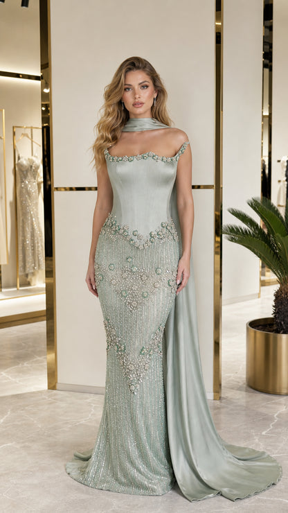 Front view of sage green beaded mermaid evening gown with cape