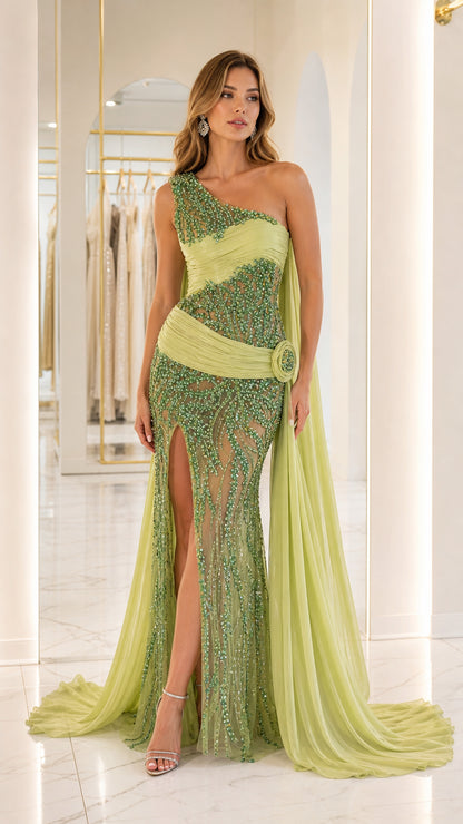 Front view of sage green one-shoulder evening gown with cape