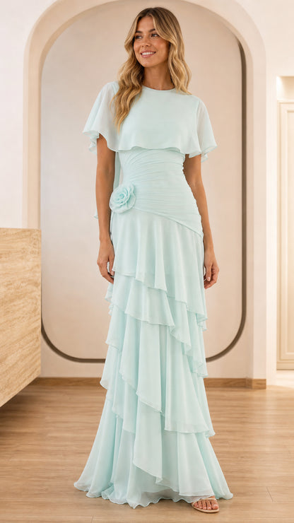 Front view of light blue ruffled cape sleeve maxi dress