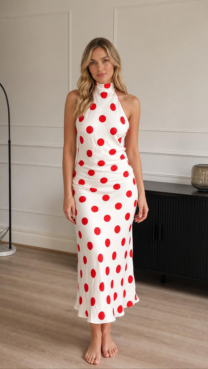Front view of model wearing white and red polka dot halter midi dress