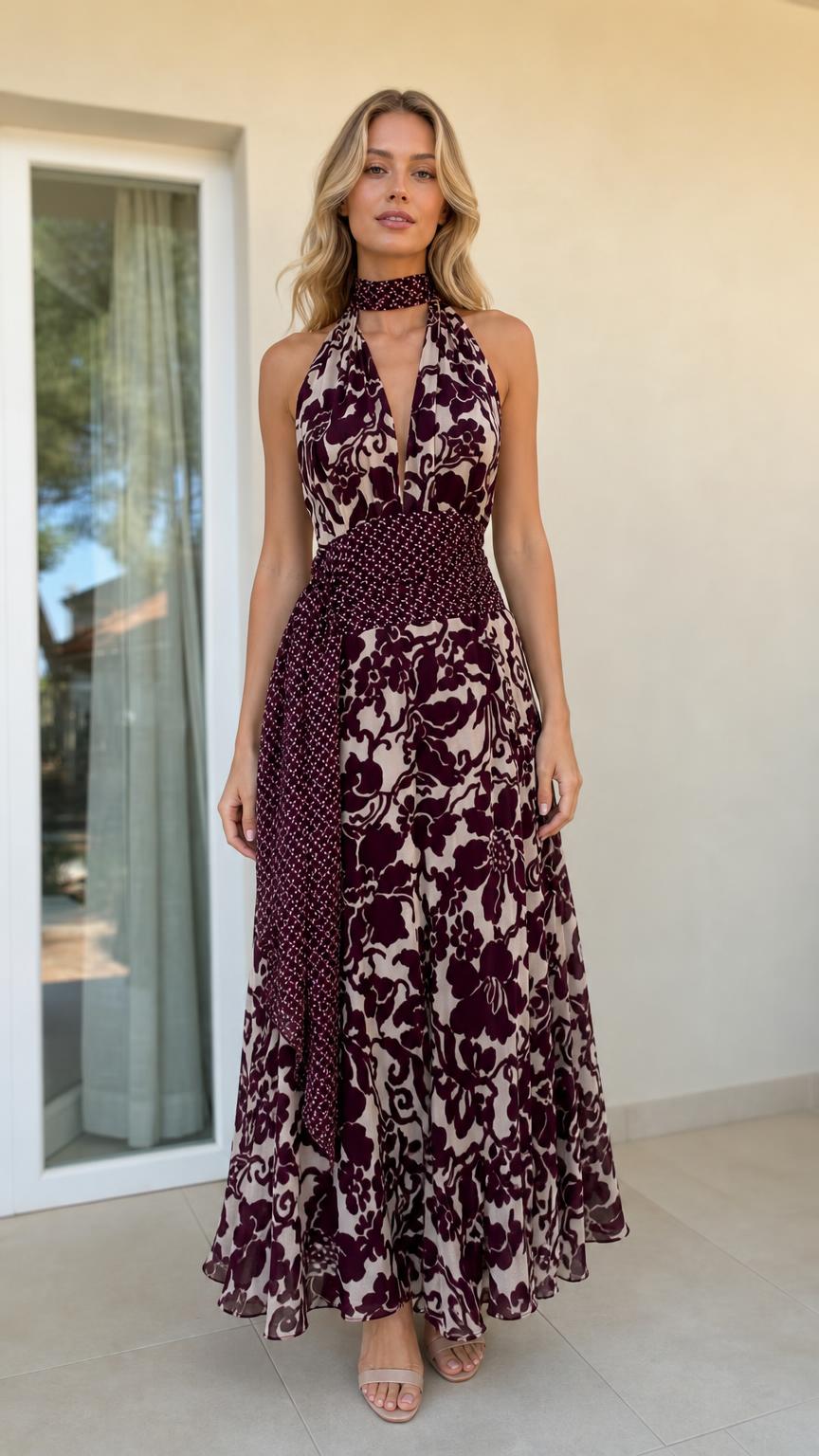 Front view of model wearing burgundy halter maxi dress