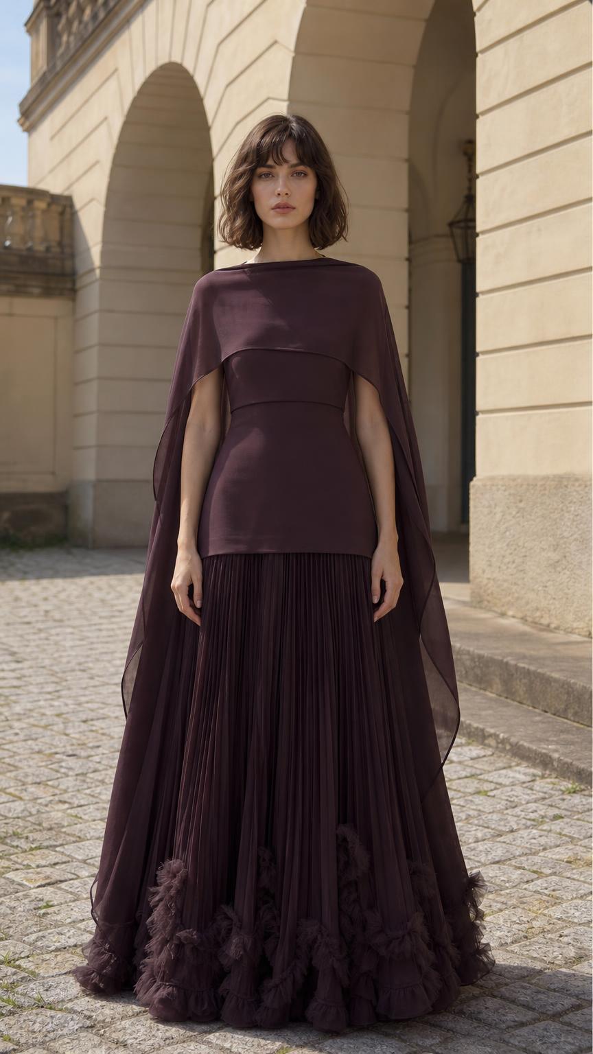 Front view of woman wearing plum cape overlay pleated maxi dress
