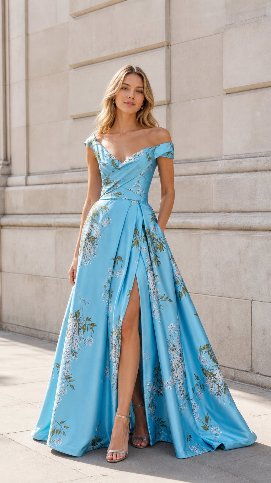 Front view of Light Blue off-shoulder floral satin evening gown with high slit