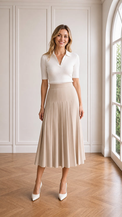 Front full-length view of model wearing beige high-waisted pleated midi skirt with white knit top and pumps