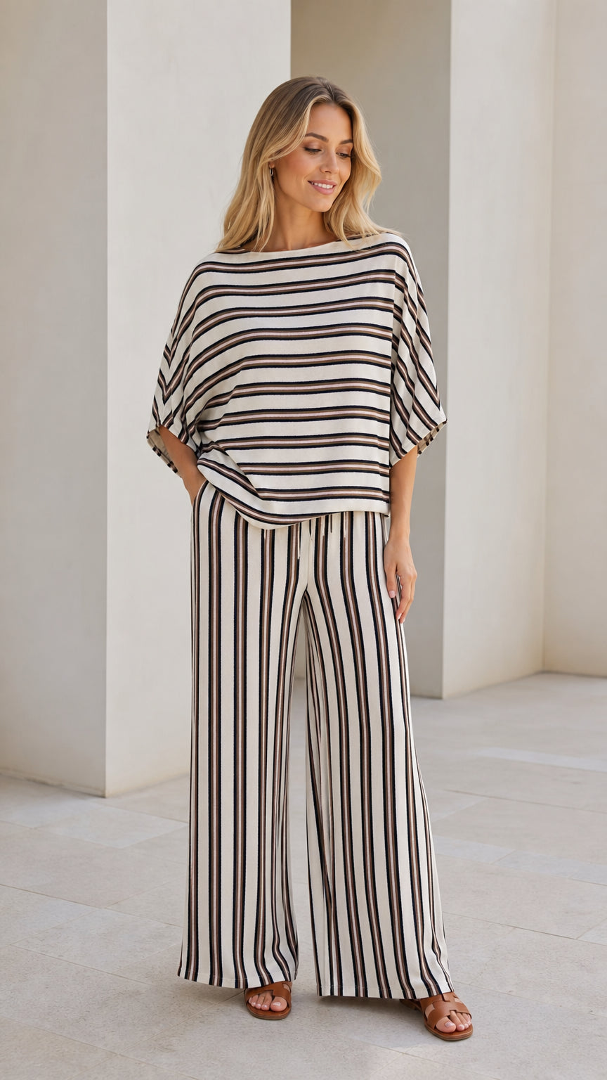 Model wearing beige striped top and wide leg pants set from front view
