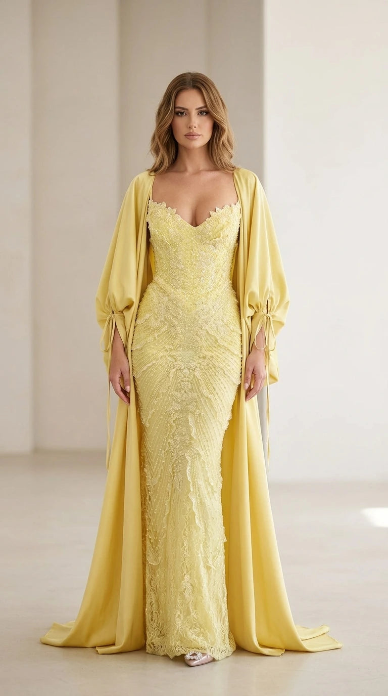 Front view of model wearing yellow embroidered evening gown with matching cape