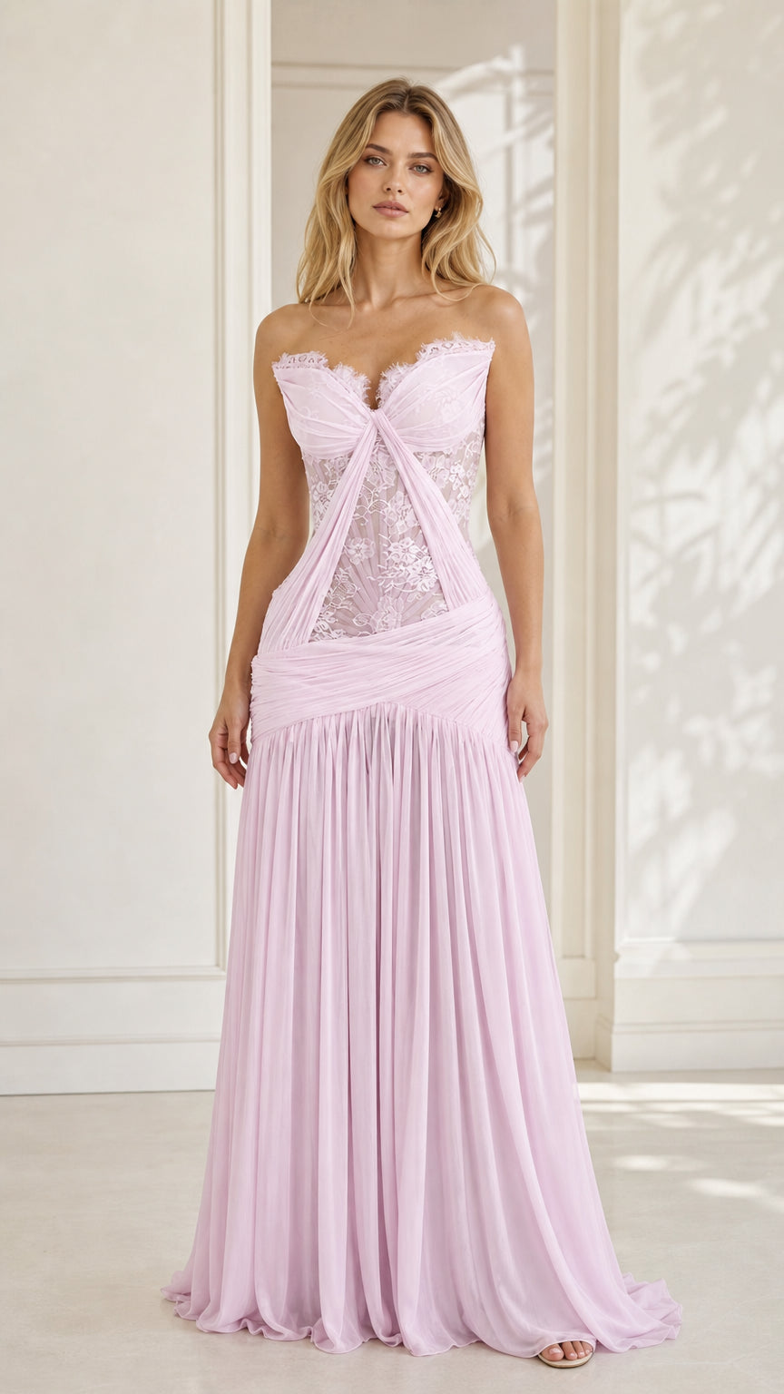 Model wearing lavender strapless lace evening dress, front view