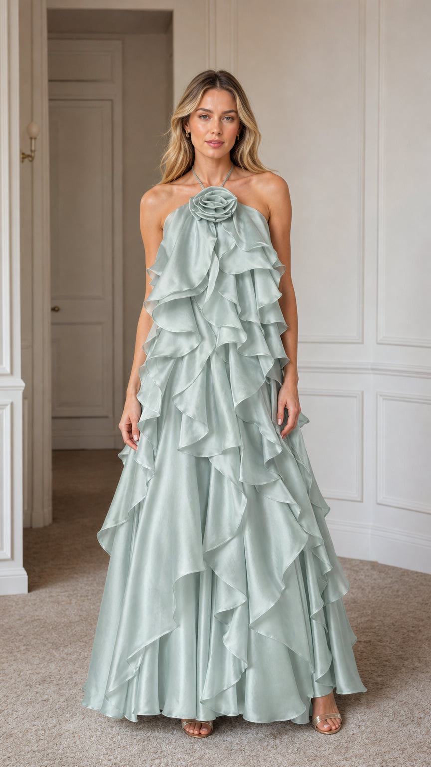 Front view of model wearing sage green halter maxi dress with 3d rosette