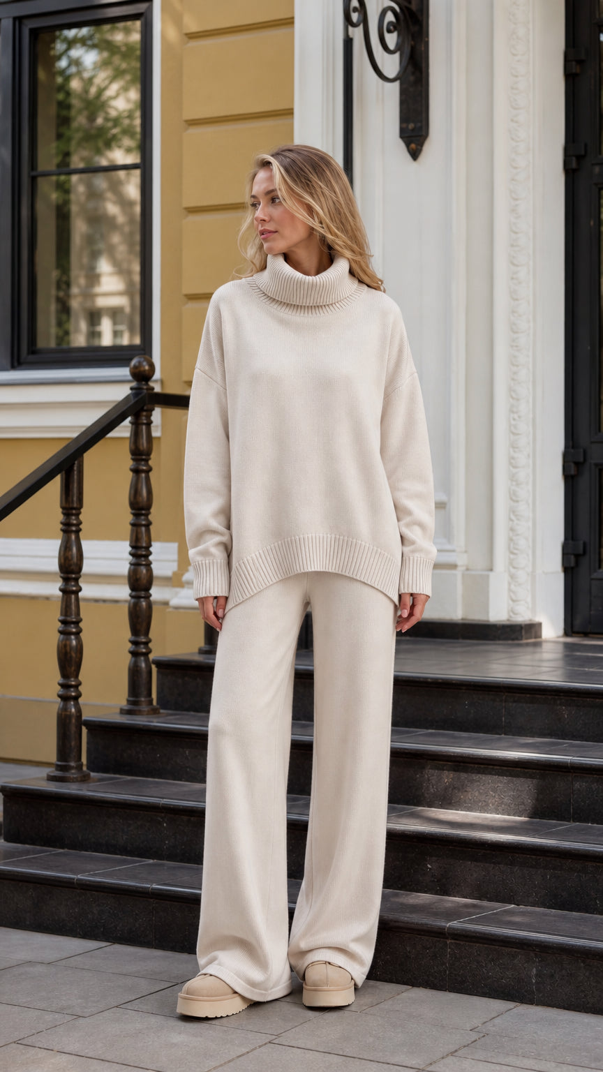 Front view of model wearing beige oversized turtleneck sweater and wide-leg lounge pants