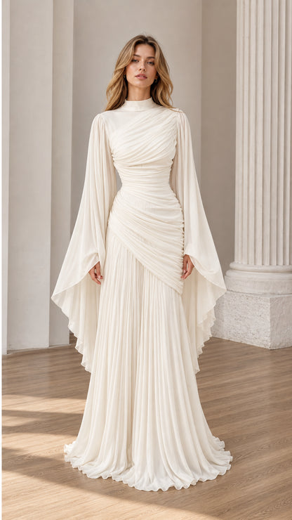 Front view of Ivory ruched high-neck maxi dress with dramatic cape sleeves