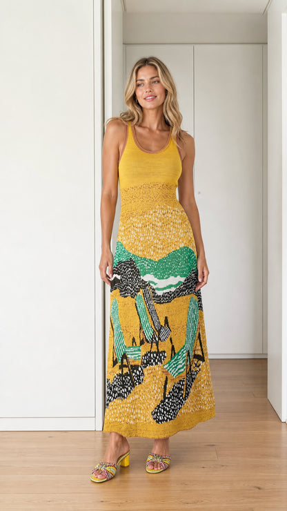 Front view of yellow landscape knit maxi dress