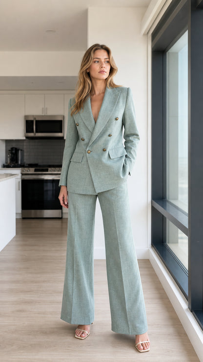 Front view of woman wearing sage green double-breasted blazer and wide-leg pants set