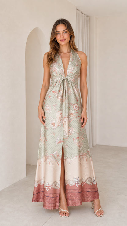 Front view of model wearing Sage Green floral maxi dress