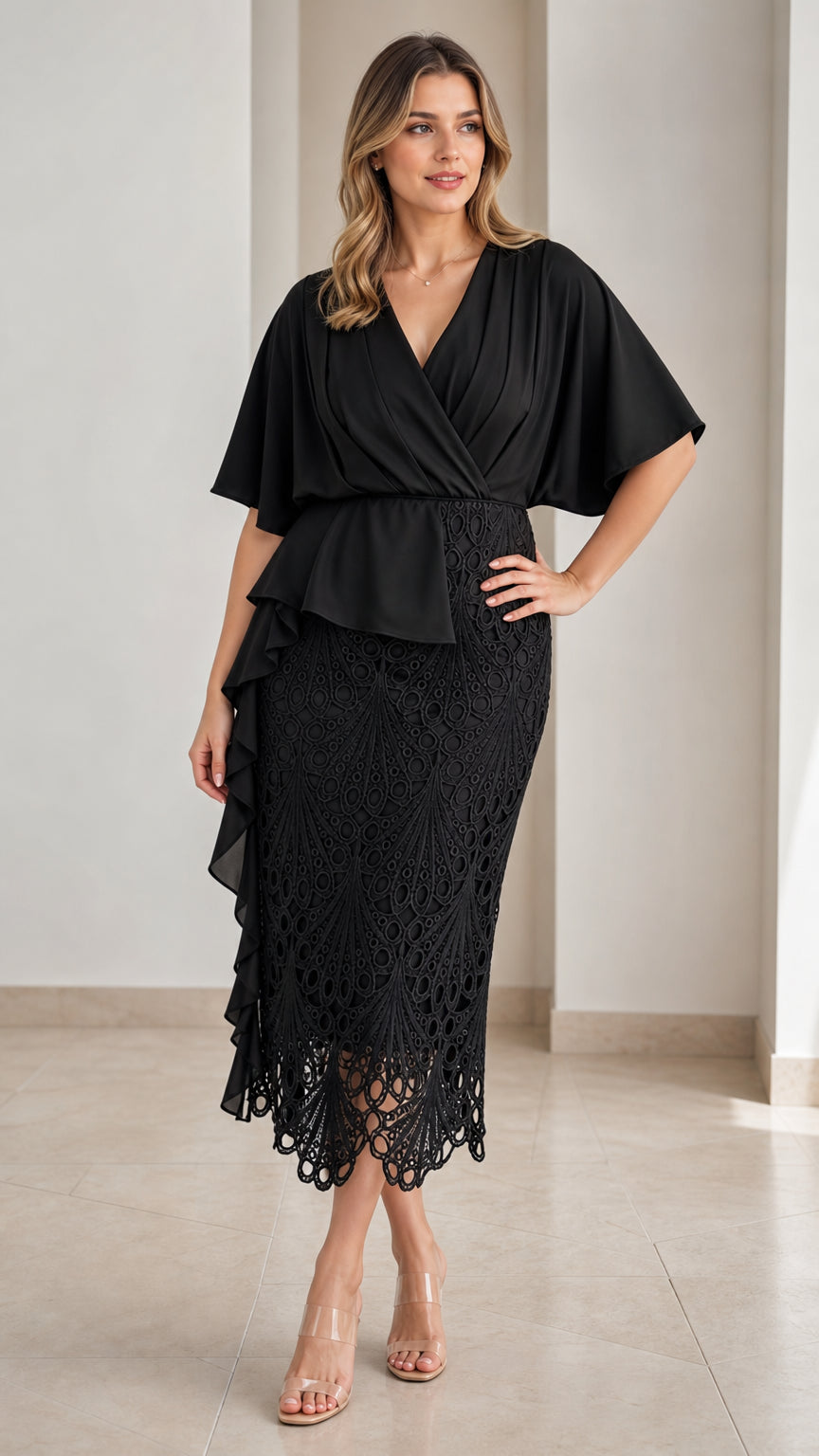 Front full-length view of woman wearing black wrap capelet lace midi dress