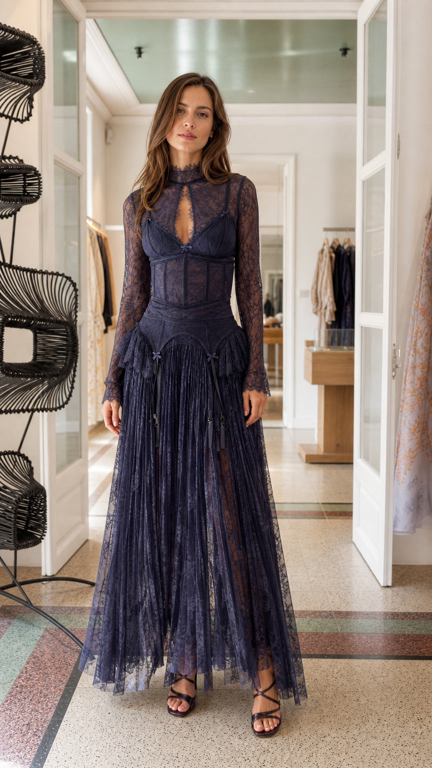 Front view of model wearing Navy lace maxi dress