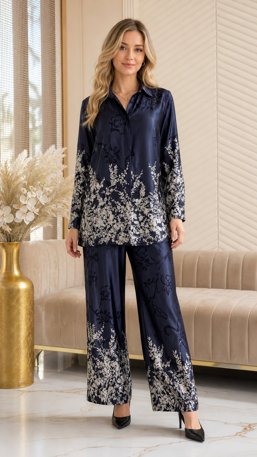 Full front view of model wearing Navy Blue floral satin button-down shirt and wide-leg trousers