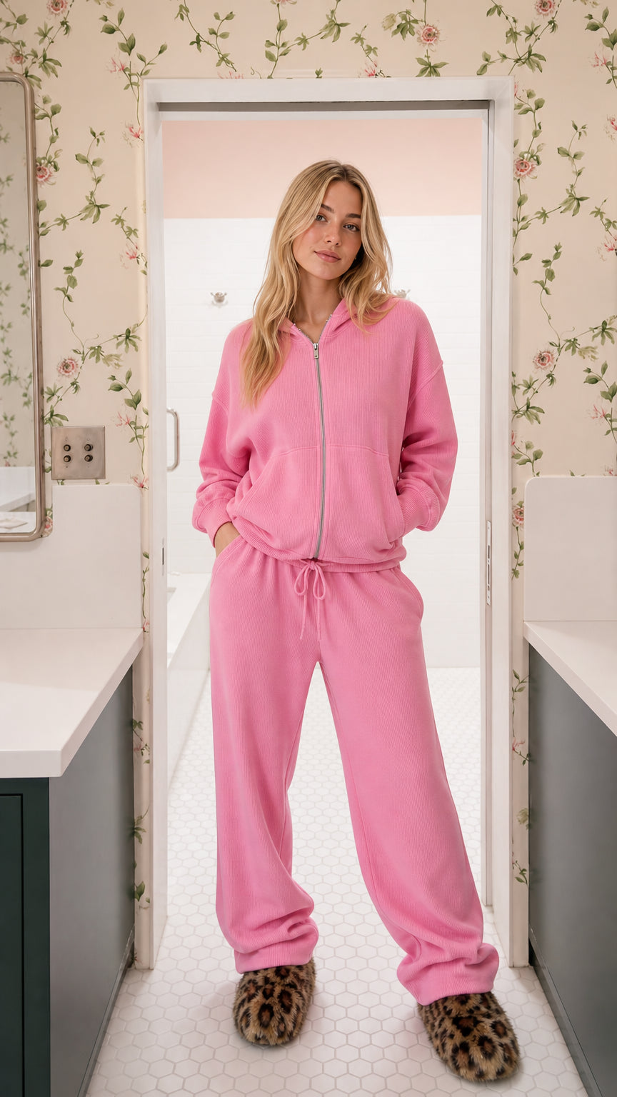Front view of model wearing pink textured knit zip-up hoodie and wide-leg lounge pants set
