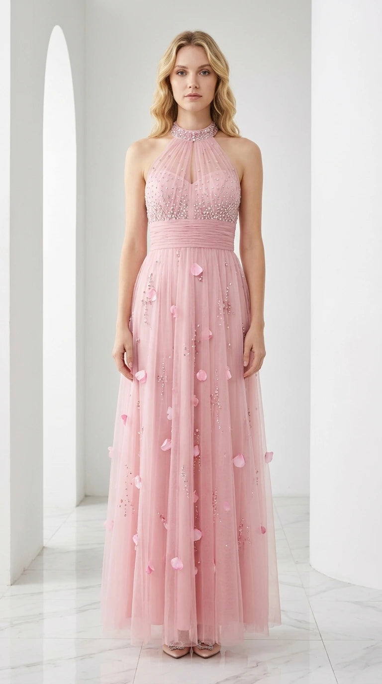 Pink embellished halter neck tulle evening dress front view