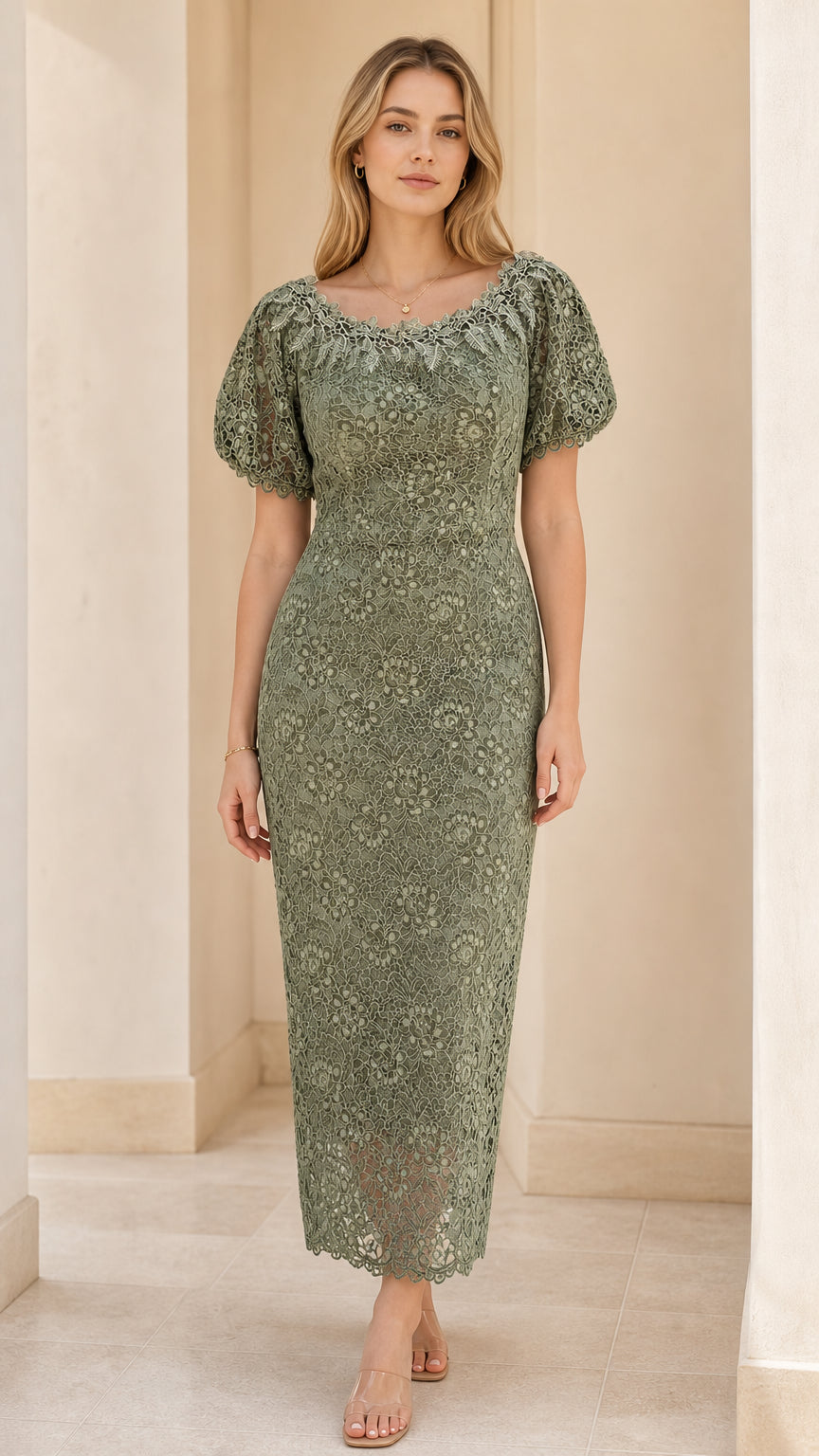 Front view of woman wearing sage green floral lace puff sleeve midi dress