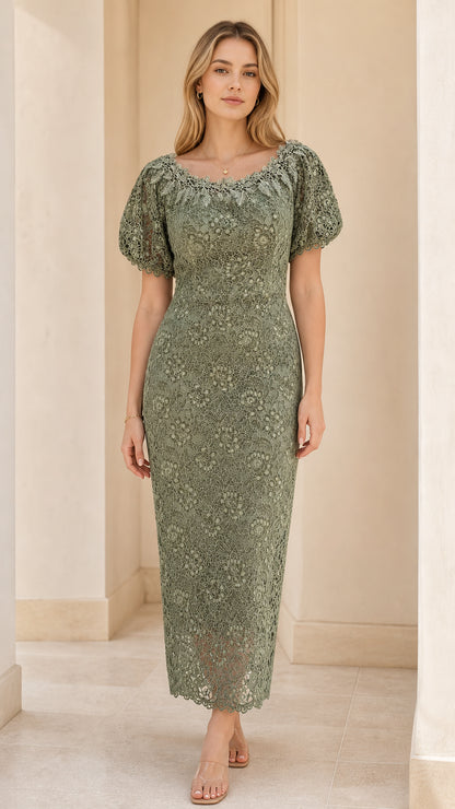 Front view of woman wearing sage green floral lace puff sleeve midi dress