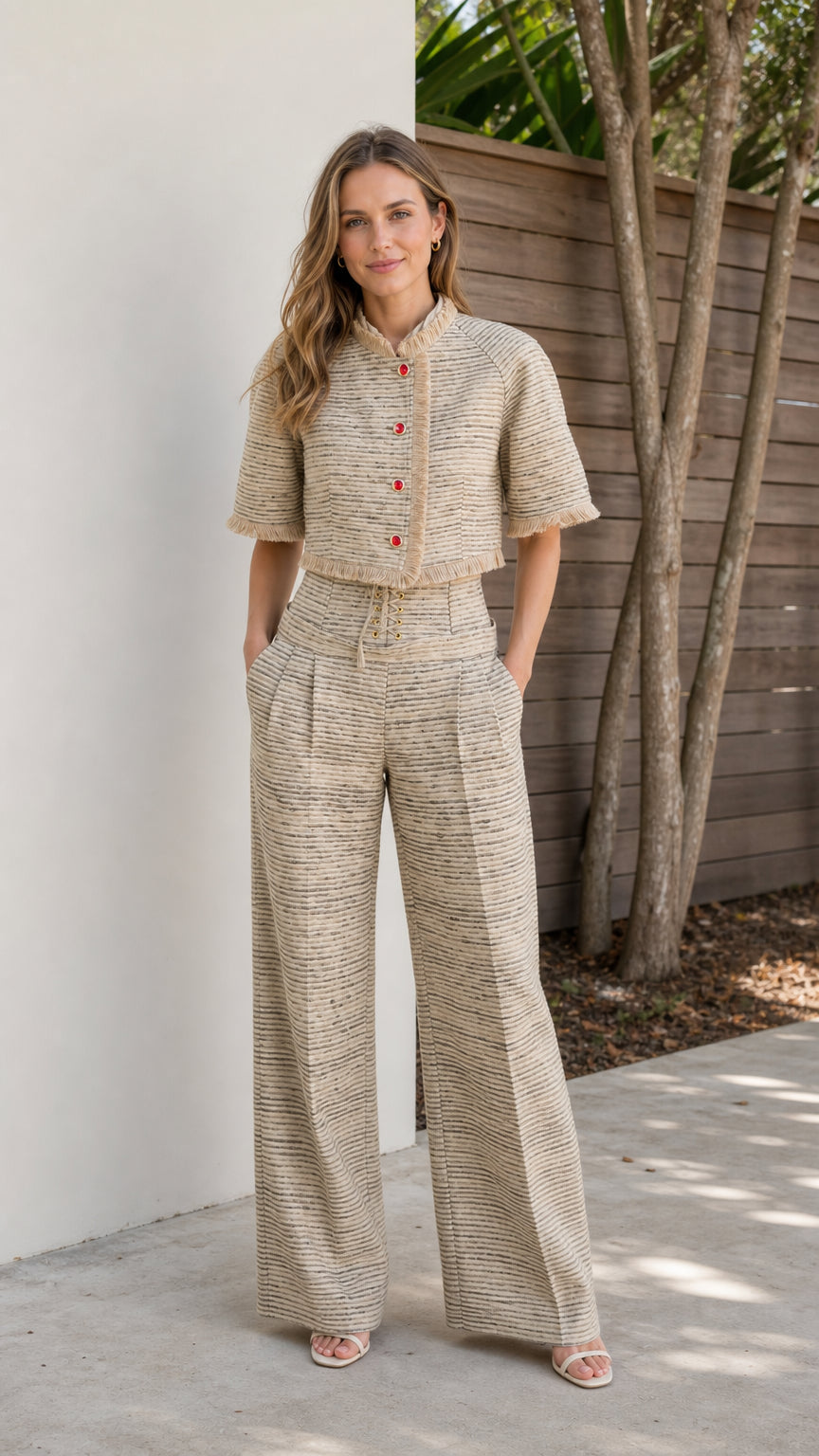 Front view of model wearing beige tweed crop jacket and wide-leg pants set