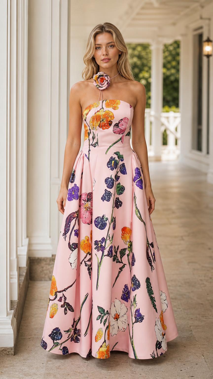 Front view of pink floral strapless maxi dress with 3D choker