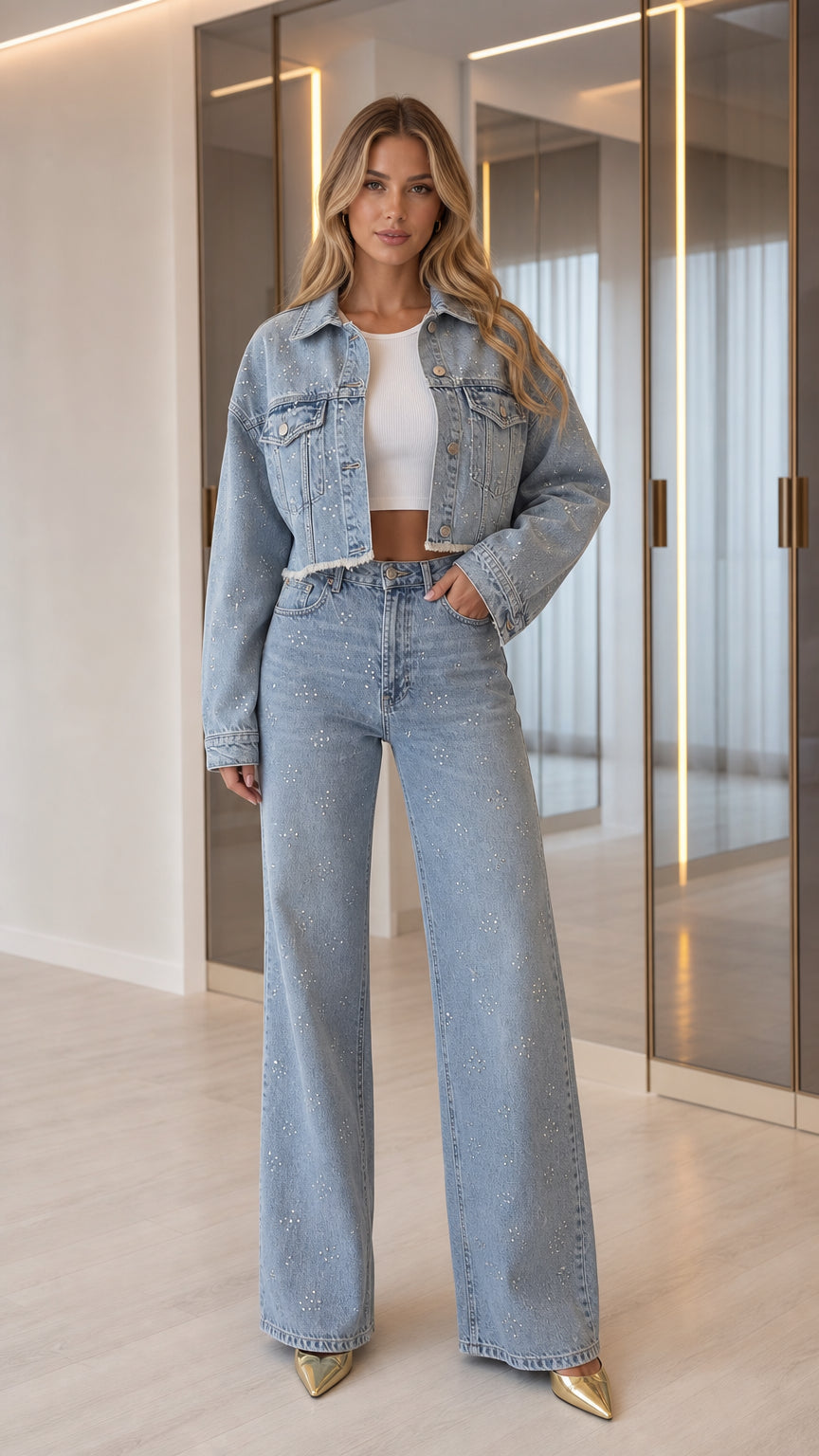 Full front view of model wearing Light Blue rhinestone cropped denim jacket and wide-leg jeans set