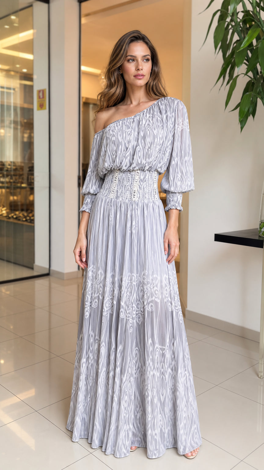 Front view of model wearing Light Grey one-shoulder maxi dress