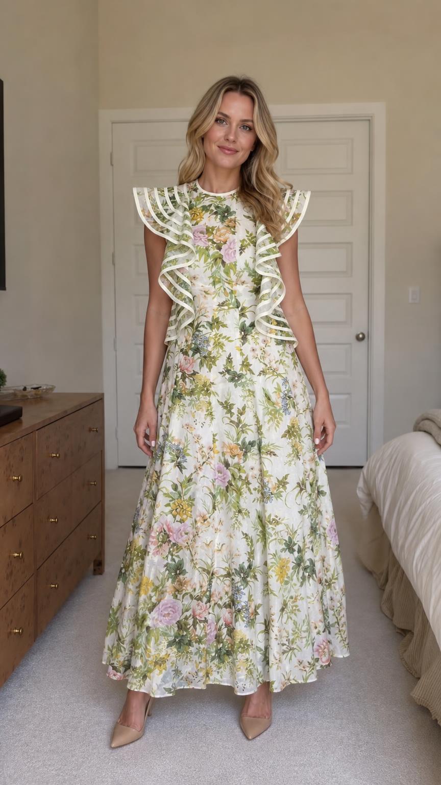 Front view of woman wearing white floral ruffle maxi dress