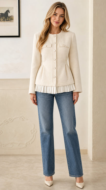 Front view of model wearing cream tweed peplum jacket with pleated hem and denim jeans