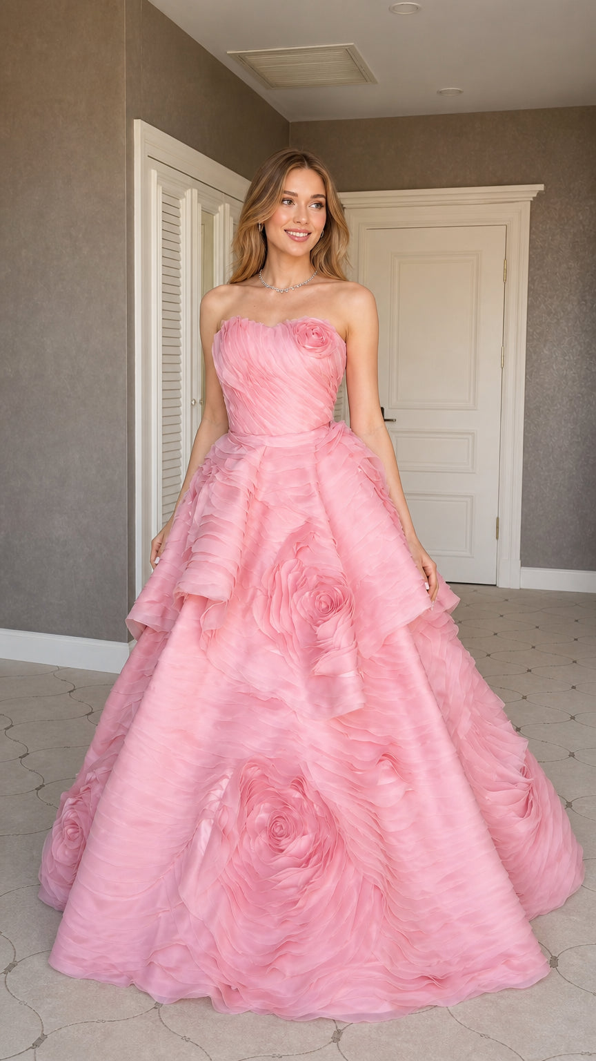 Front view of model wearing pink strapless 3d rose ball gown