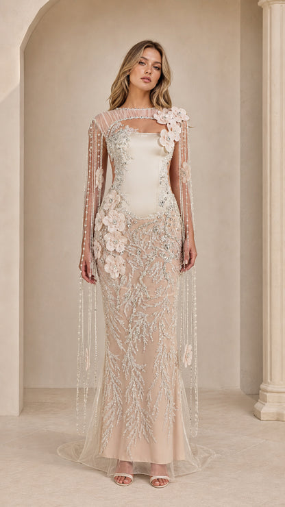 Champagne floral appliqué cape sleeve embellished evening gown front view