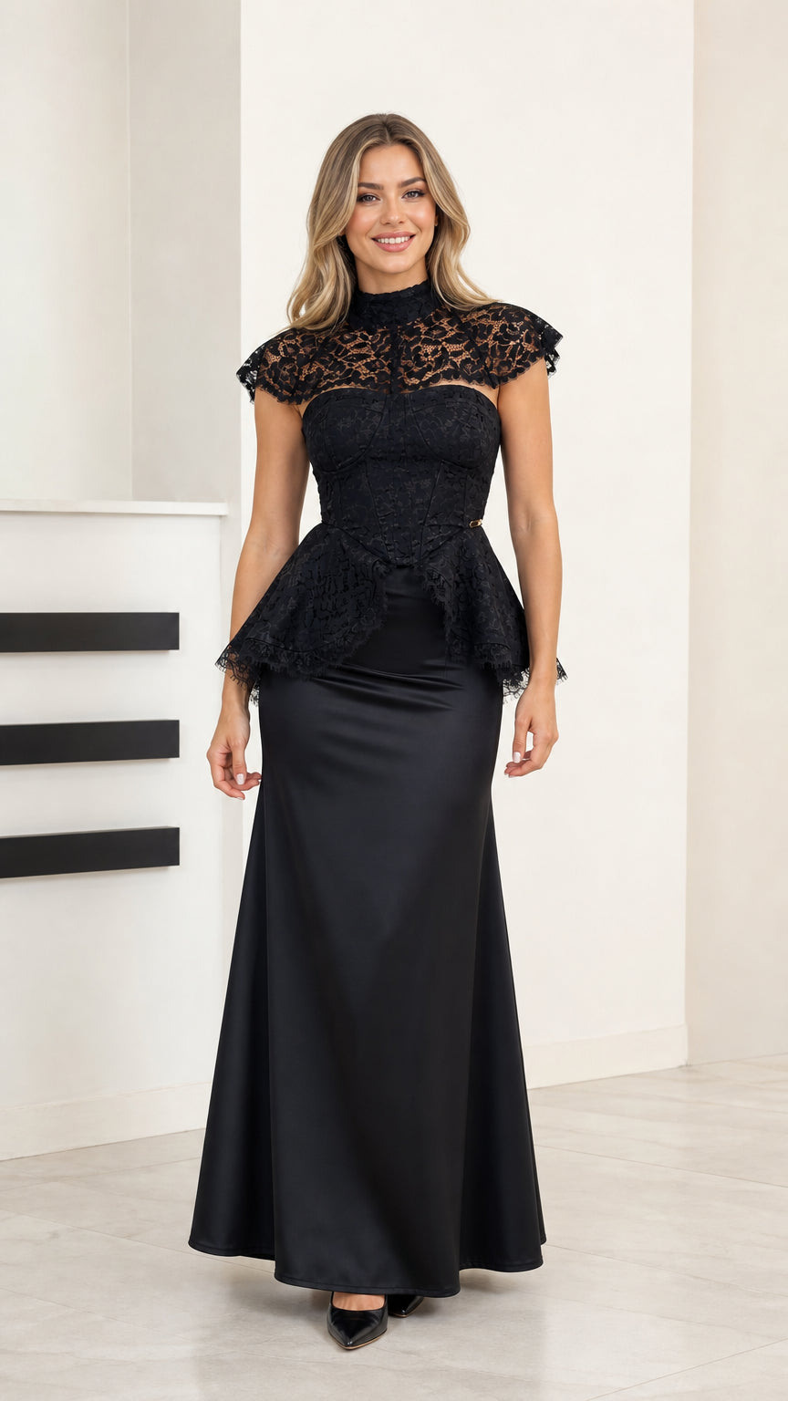 Front view of black high neck lace peplum maxi evening gown