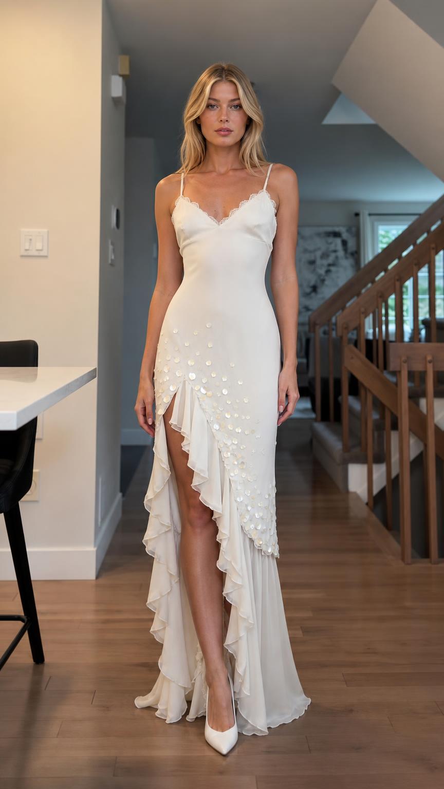 Front view of White sequin ruffle slip maxi dress