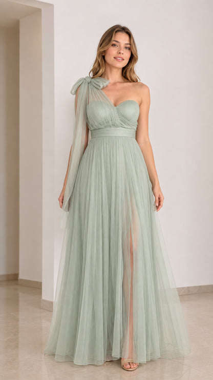 Sage Green one-shoulder tulle maxi dress front view with slit