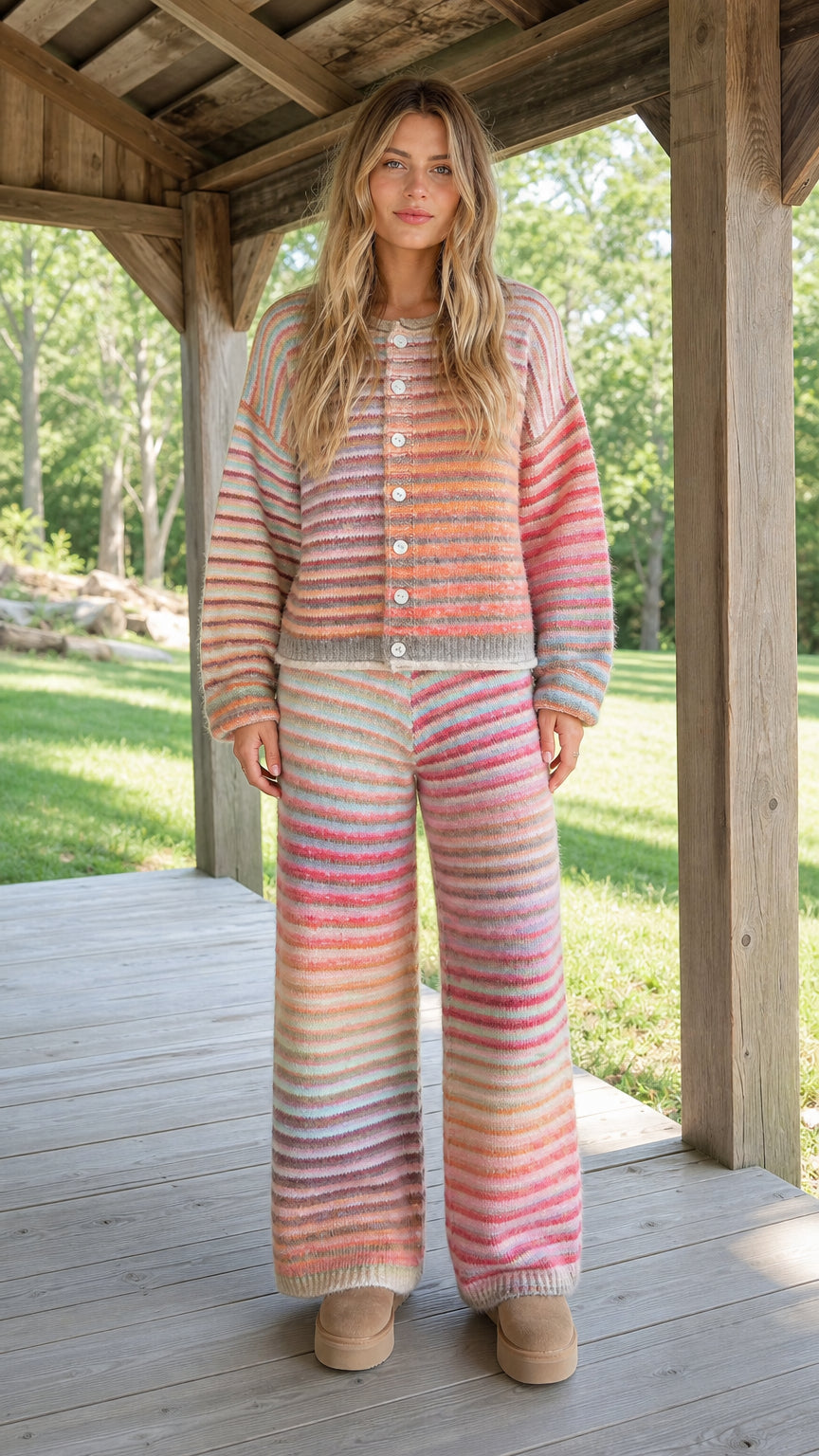Model wearing Sunset Multi striped knit cardigan sweater and matching wide-leg pants front view
