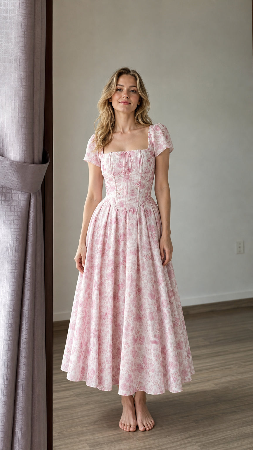 Front view of woman wearing pink floral midi dress
