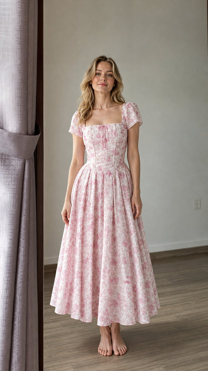 Front view of woman wearing pink floral midi dress
