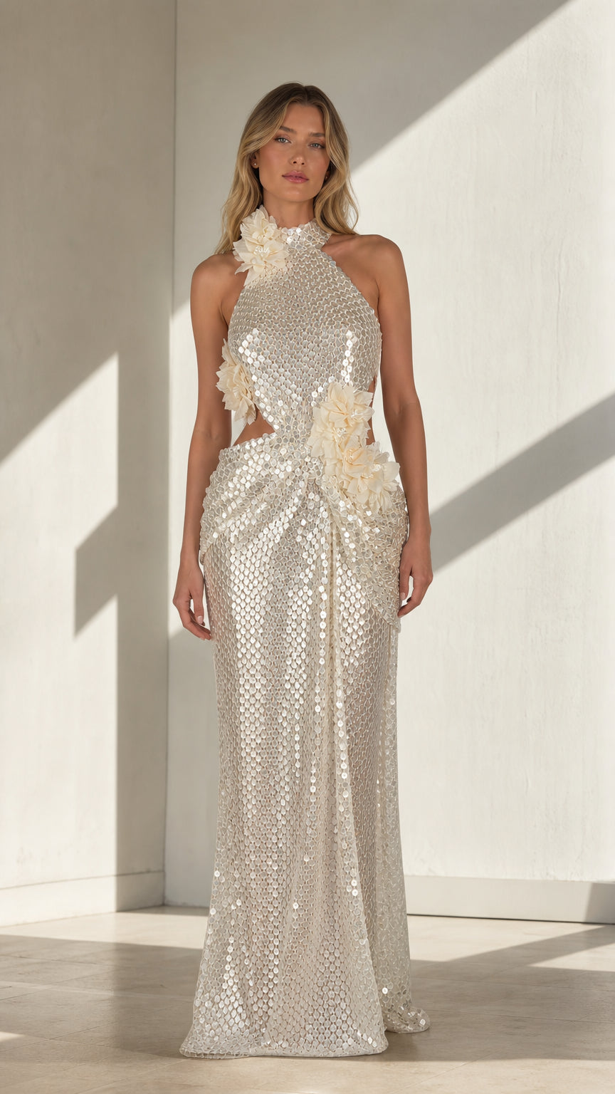 Silver sequin halter maxi dress with floral appliqués shown from the front