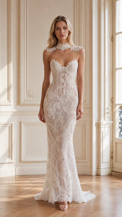Ivory embroidered floral lace mermaid gown with illusion high neck and sweetheart bodice front view