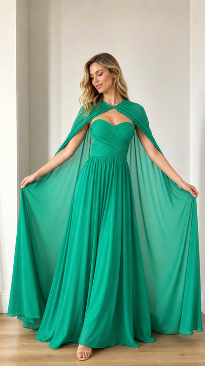 Front view of woman wearing emerald green evening dress with cape