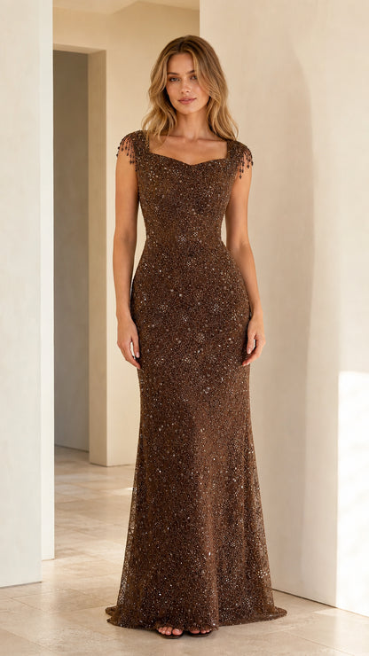 Front full view of chocolate brown sequined evening gown with beaded fringe cap sleeves
