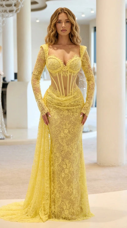 Front view of yellow long sleeve corset lace evening gown