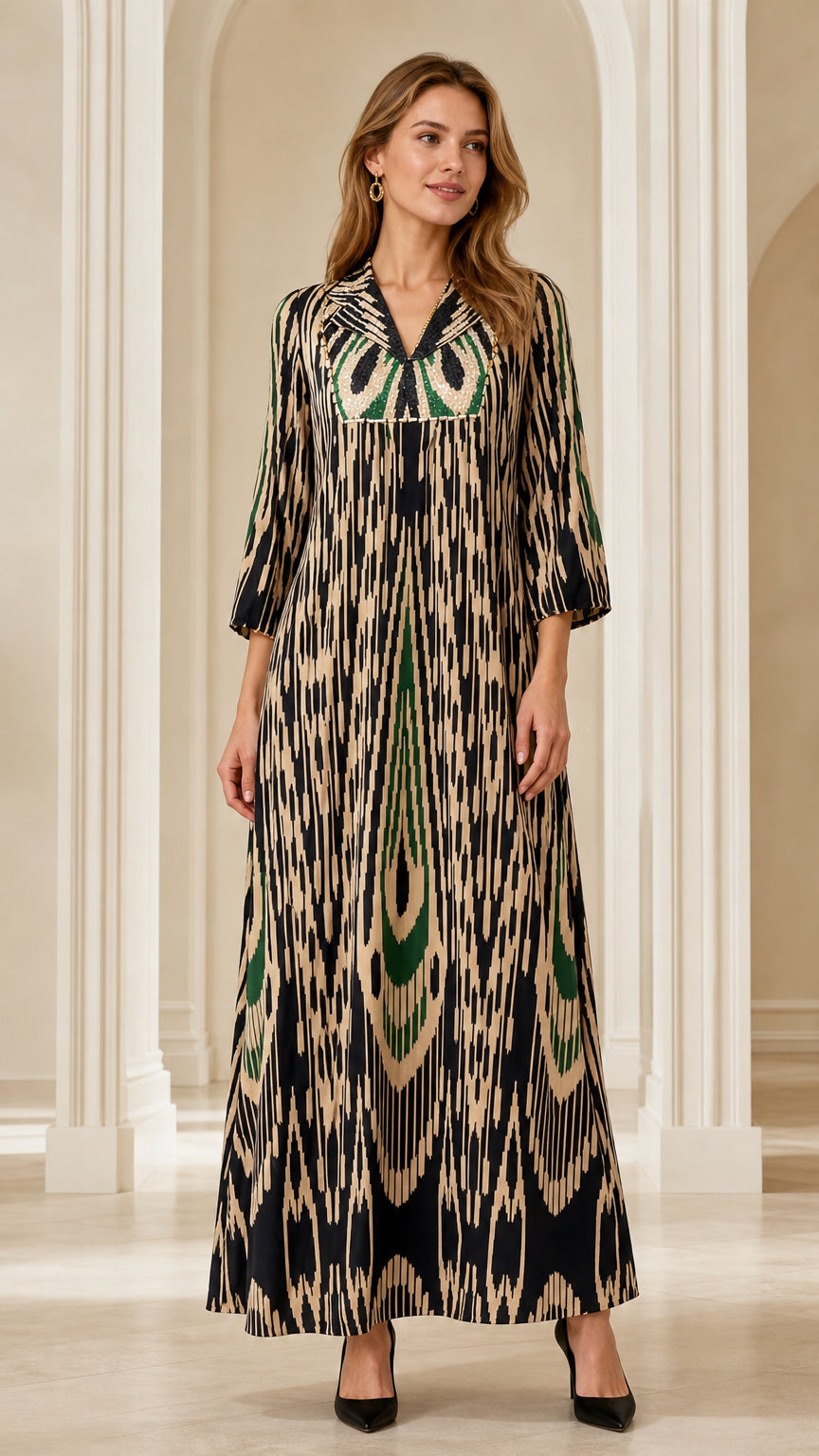 Front full-length view of woman wearing Black Ikat Print Embellished Maxi Dress
