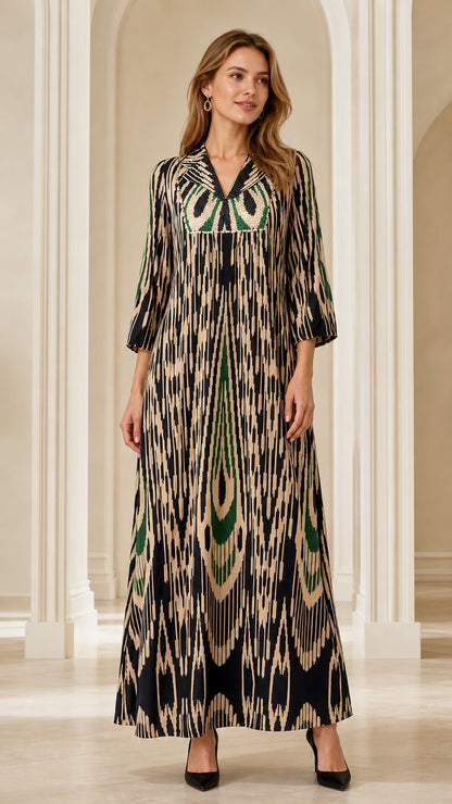 Front full-length view of woman wearing Black Ikat Print Embellished Maxi Dress