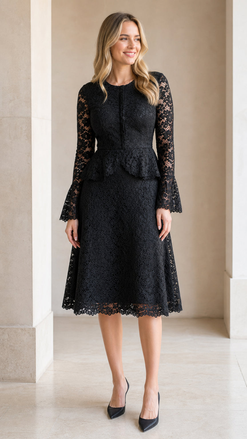 Front view of model wearing black floral lace peplum midi dress with long flared sleeves