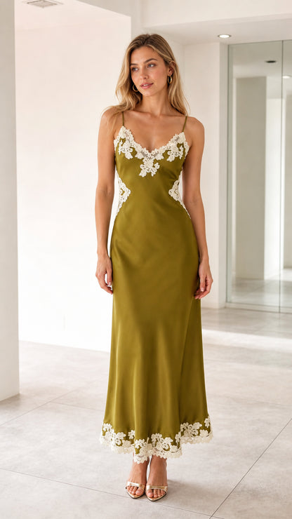 Olive satin lace trim slip maxi dress front view